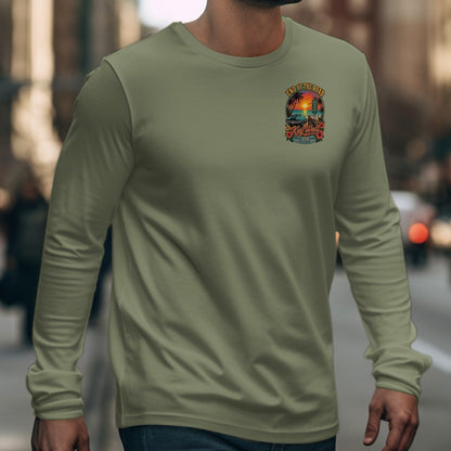 Long sleeve olive shirt with "End of the Road, Key West" graphic on chest.