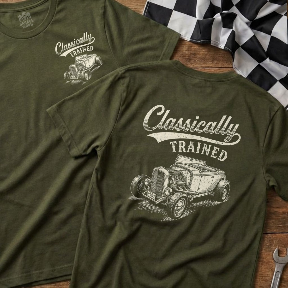 Olive green t-shirt with "Classically Trained" and a vintage hot rod graphic.