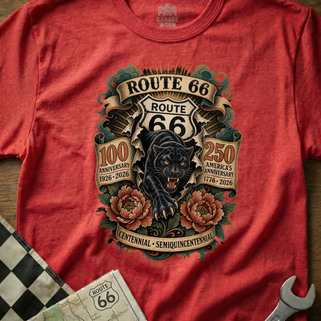 Red t-shirt with Route 66 design featuring a black panther and anniversary text.
