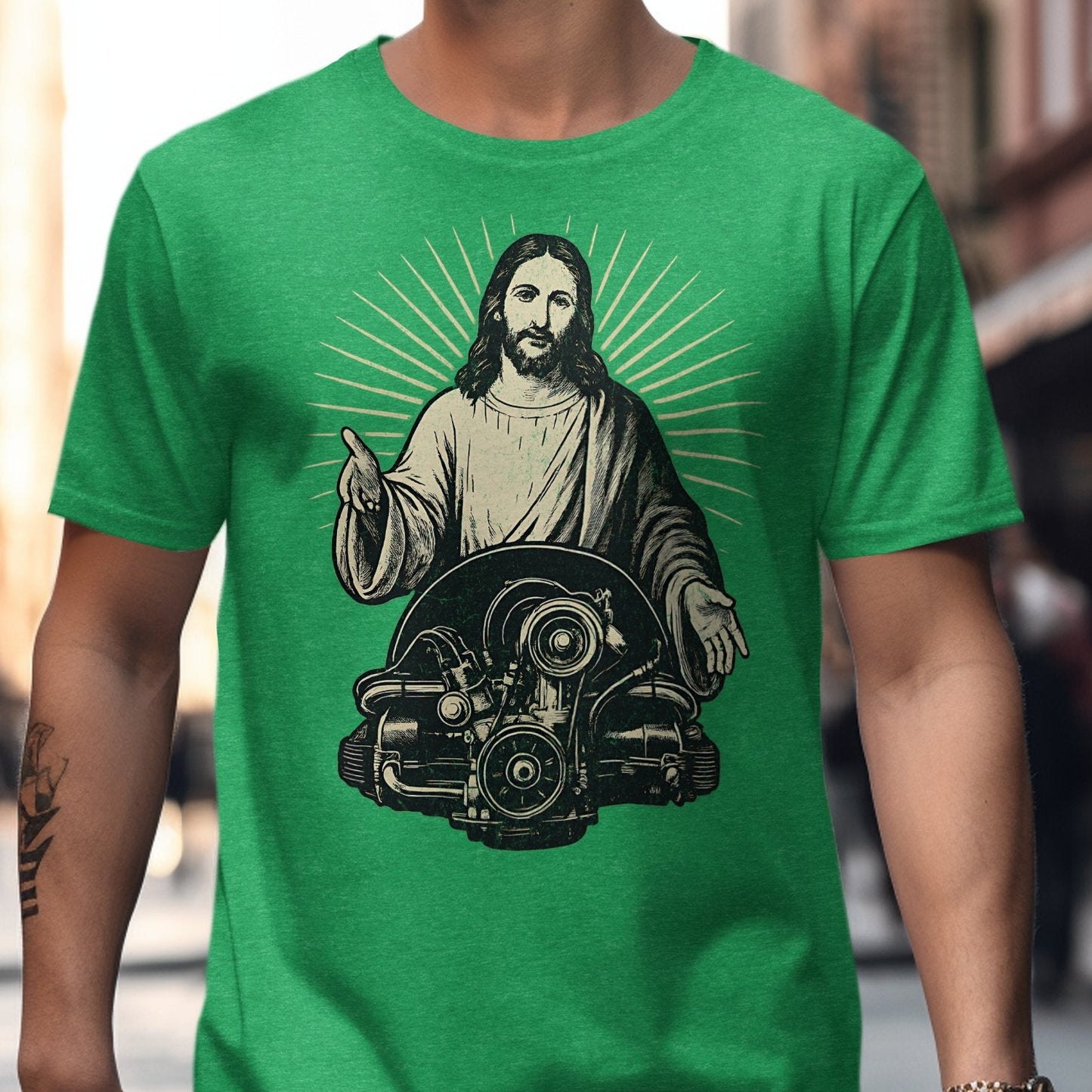 Jesus Mechanic Graphic Print Green T-shirt product