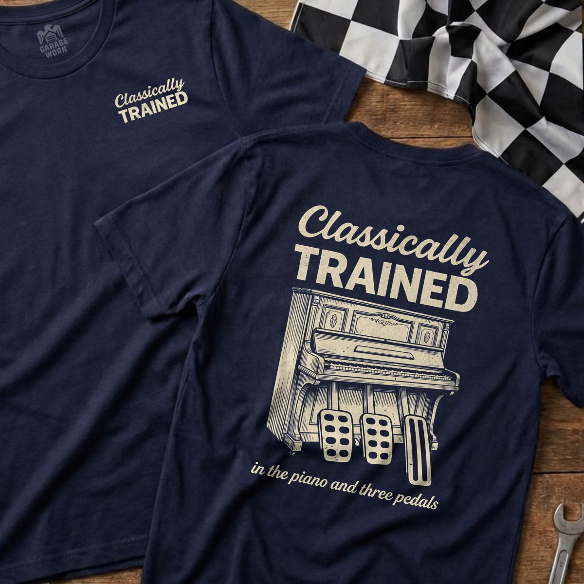 Navy t-shirt with "Classically Trained" and piano graphic on the back.