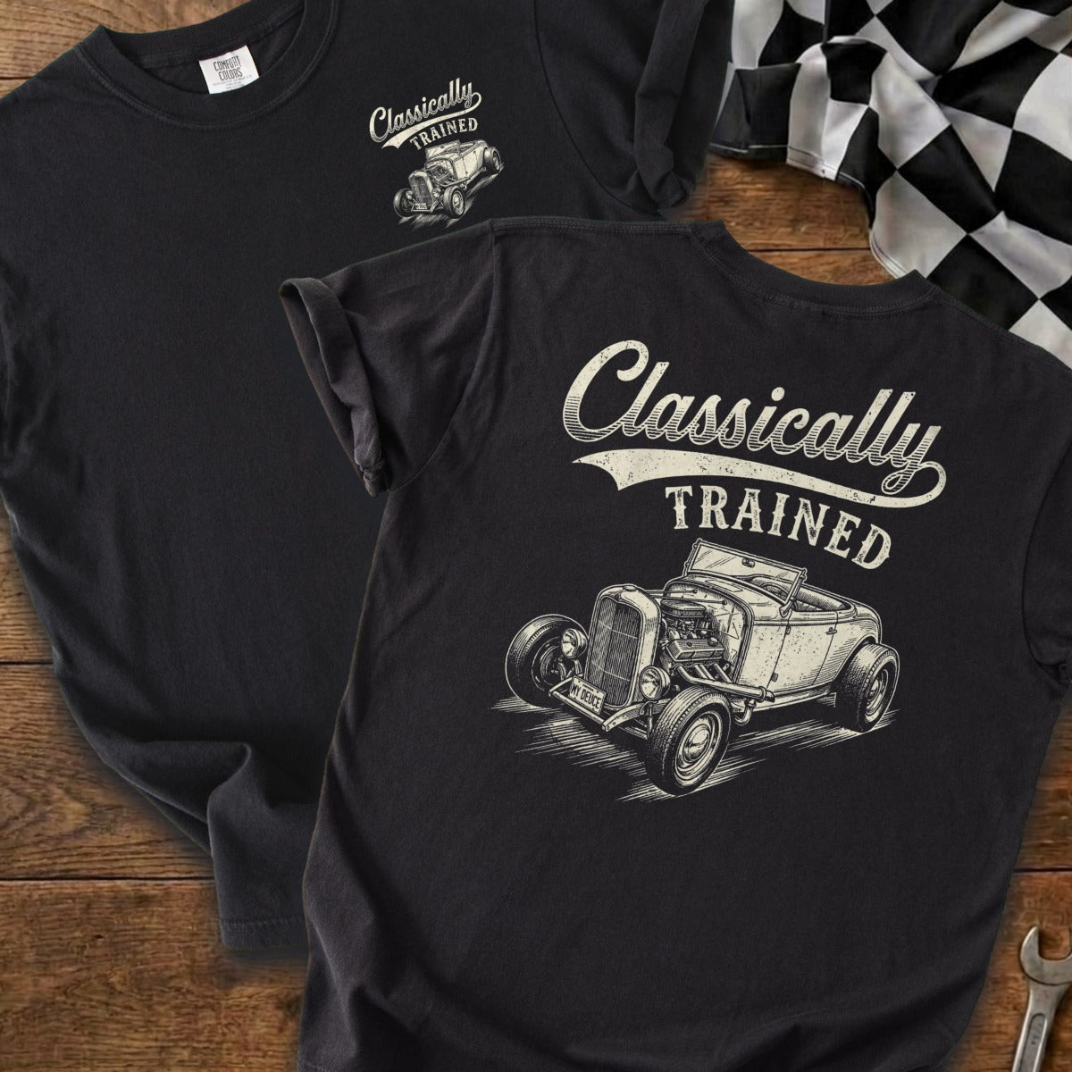 Black t-shirts featuring "Classically Trained" text and hot rod graphic.