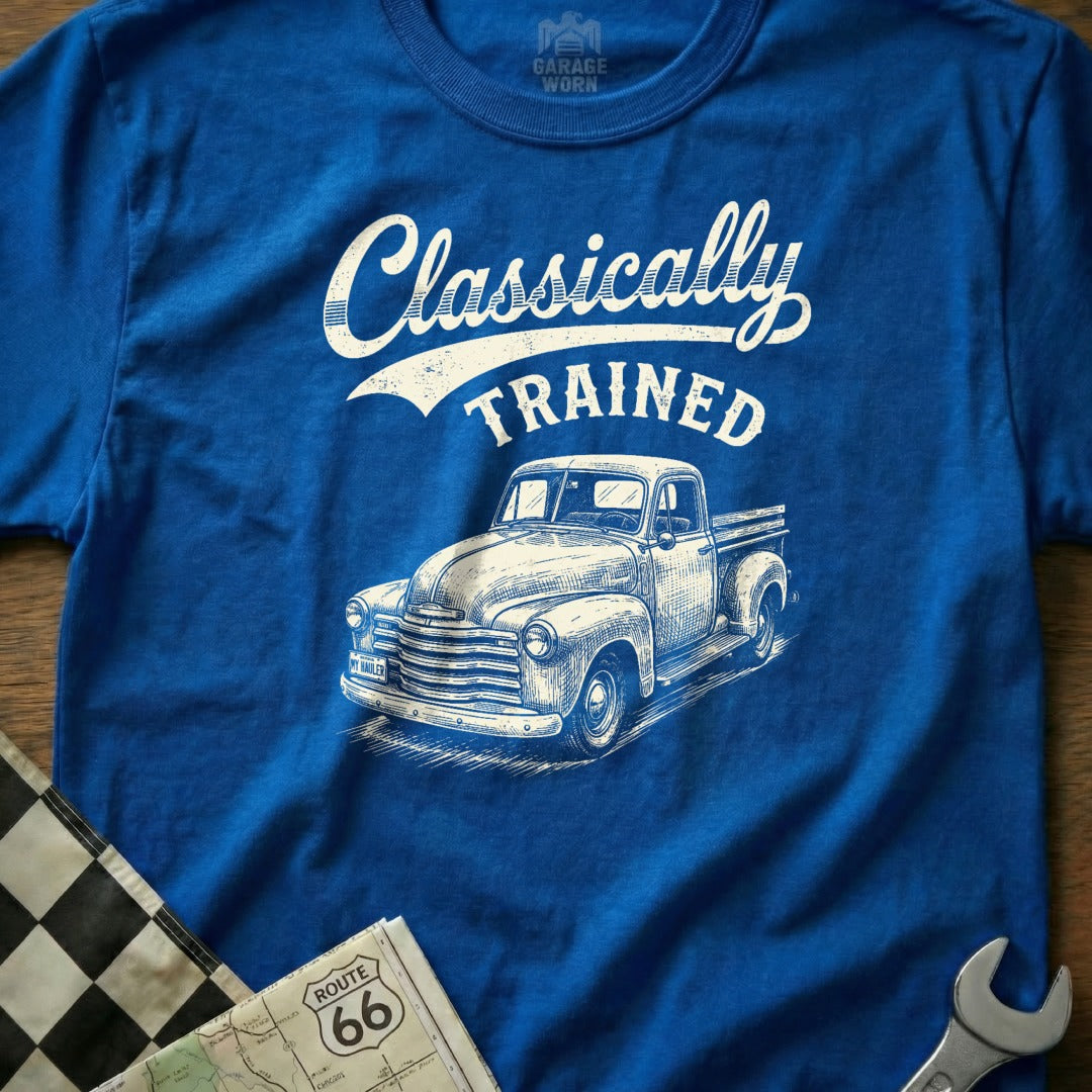 Blue t-shirt with "Classically TRAINED" text and vintage pickup truck graphic.
