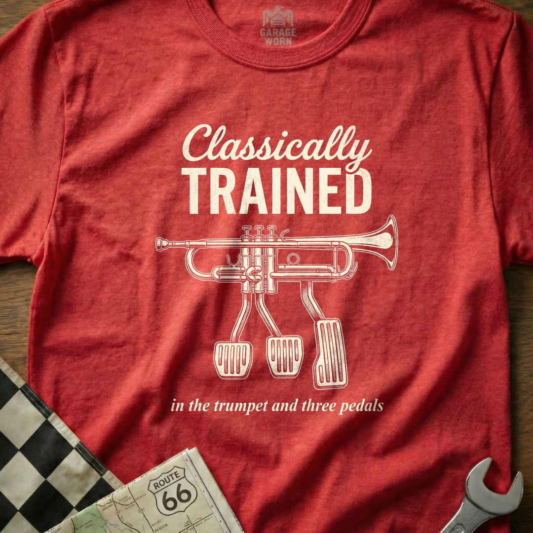 Red t-shirt with "Classically Trained" and a trumpet with three pedals.