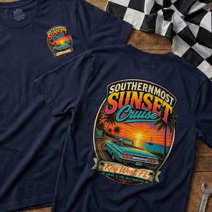 Navy t-shirt featuring "Southernmost Sunset Cruise" graphic with retro car and Key West sunset.