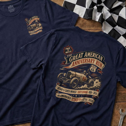Great American Anniversary Run t-shirt with vintage car and Route 66 graphics.
