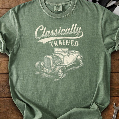 Green t-shirt with "Classically TRAINED" text and a vintage hot rod drawing.