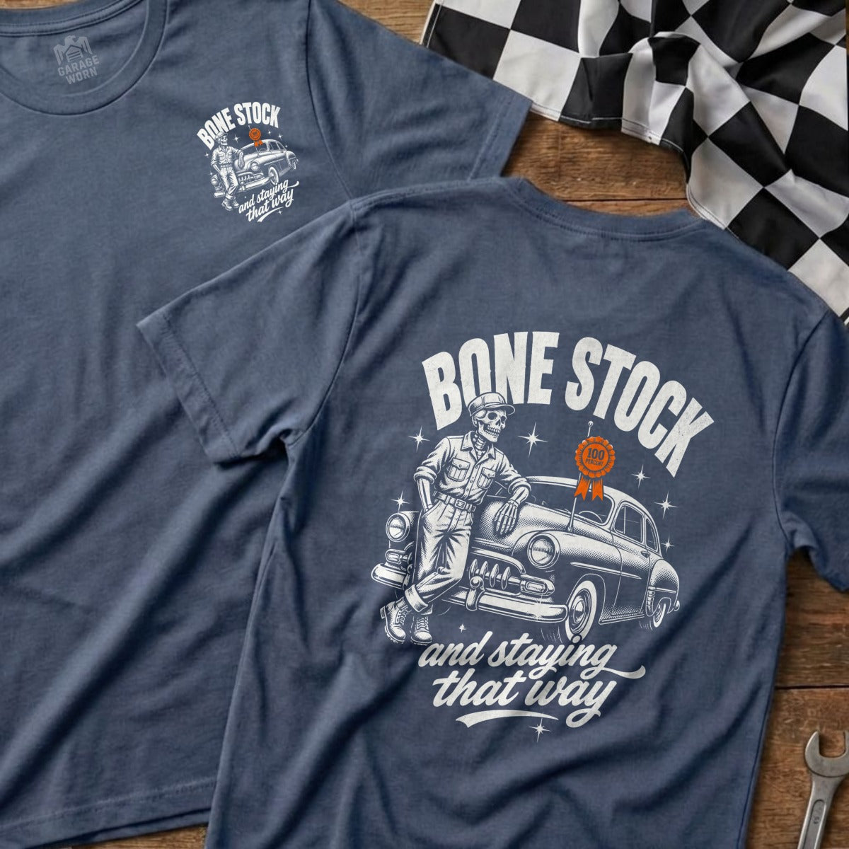 T-shirt with "BONE STOCK and staying that way" design featuring a skeleton and vintage car.