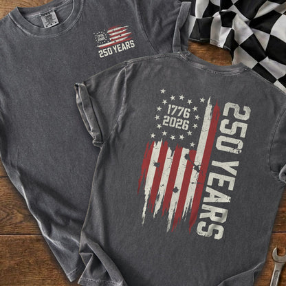 Dark gray t-shirt with distressed American flag and text "250 YEARS".