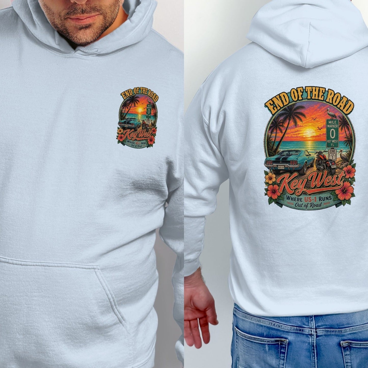 White hoodie with a Key West "End of the Road" graphic featuring a sunset and vintage cars.