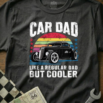 Car Dad graphic t-shirt featuring a black hot rod and vintage sunset stripes.