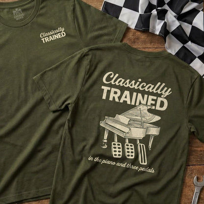 Olive green t-shirt with "Classically Trained" and piano with three pedals.