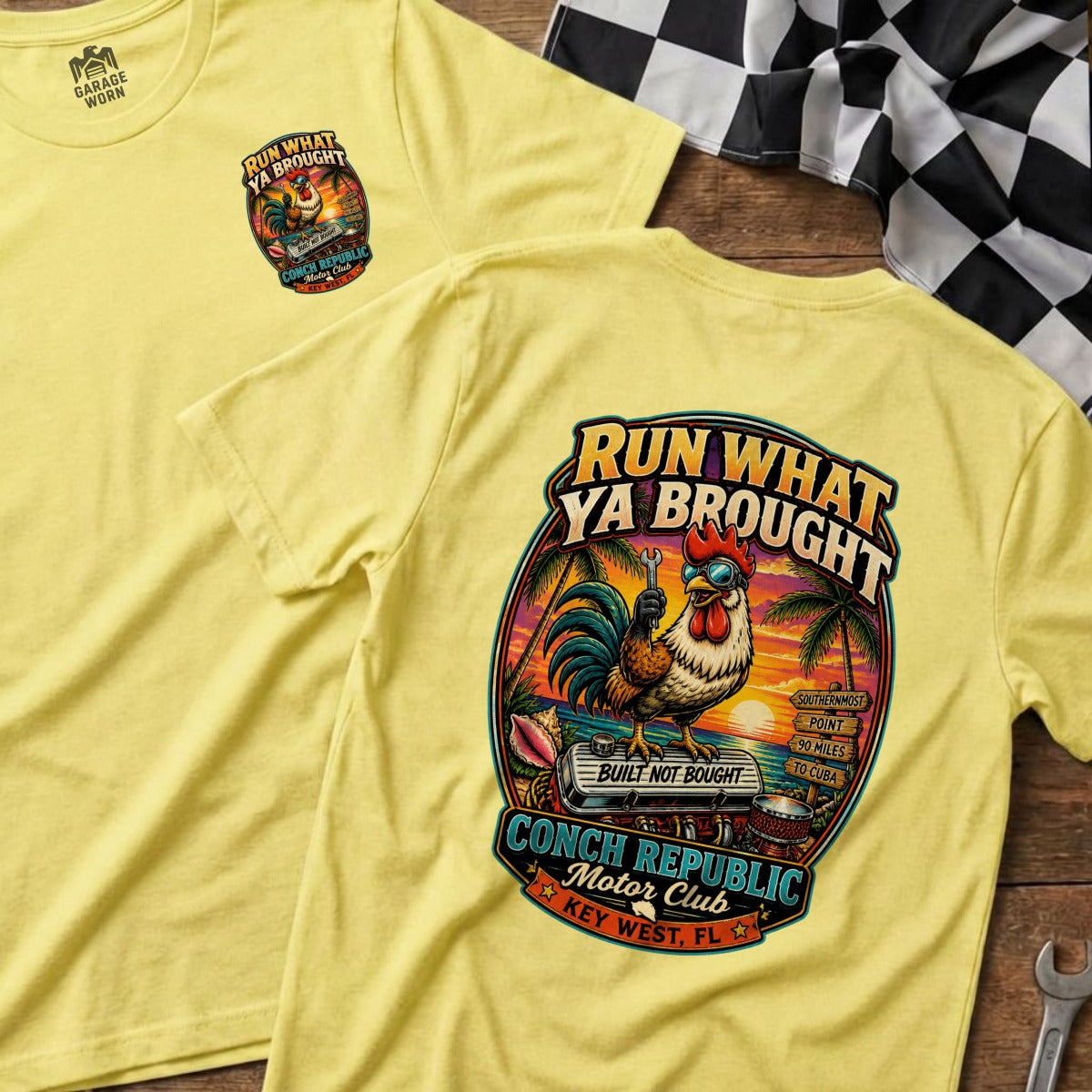 Yellow t-shirt with "Run What Ya Brought" graphic of a rooster holding a wrench.