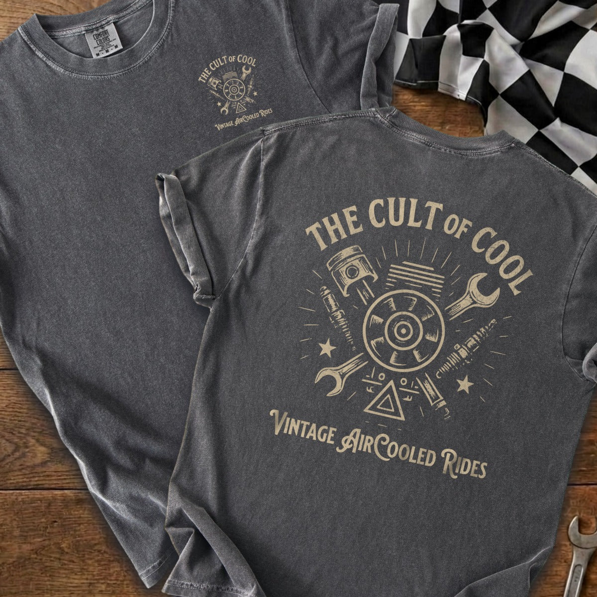 Dark gray t-shirt with "The Cult of Cool" and vintage motorcycle engine graphics.