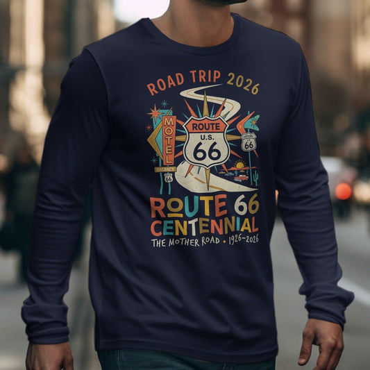 Navy long-sleeve shirt with Route 66 Centennial graphic and "Road Trip 2026" text.