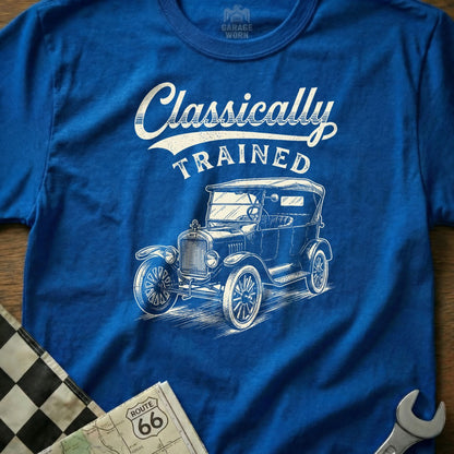 Royal blue t-shirt with a vintage car graphic and "Classically Trained" text.