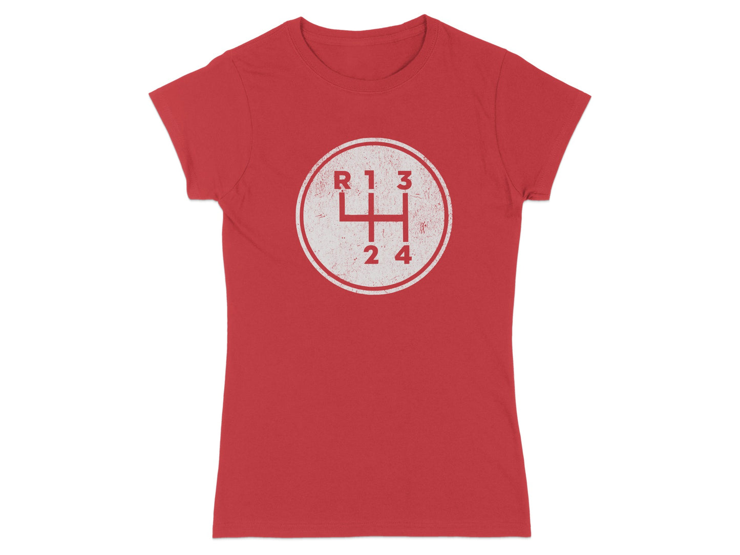Red t-shirt with distressed white manual gear shift pattern graphic.
