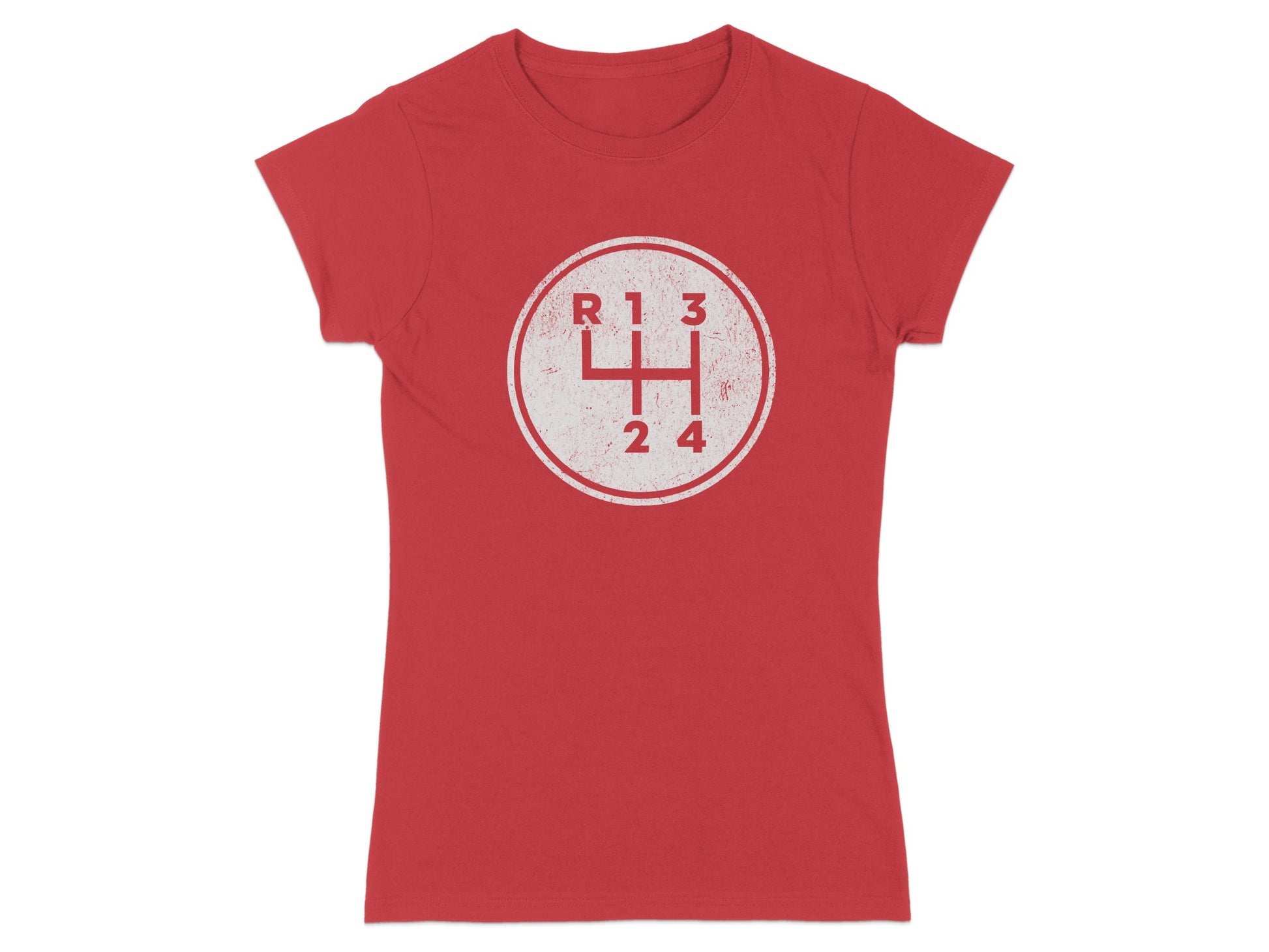Red t-shirt with distressed white manual gear shift pattern graphic.