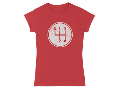 Red t-shirt with distressed white manual gear shift pattern graphic.