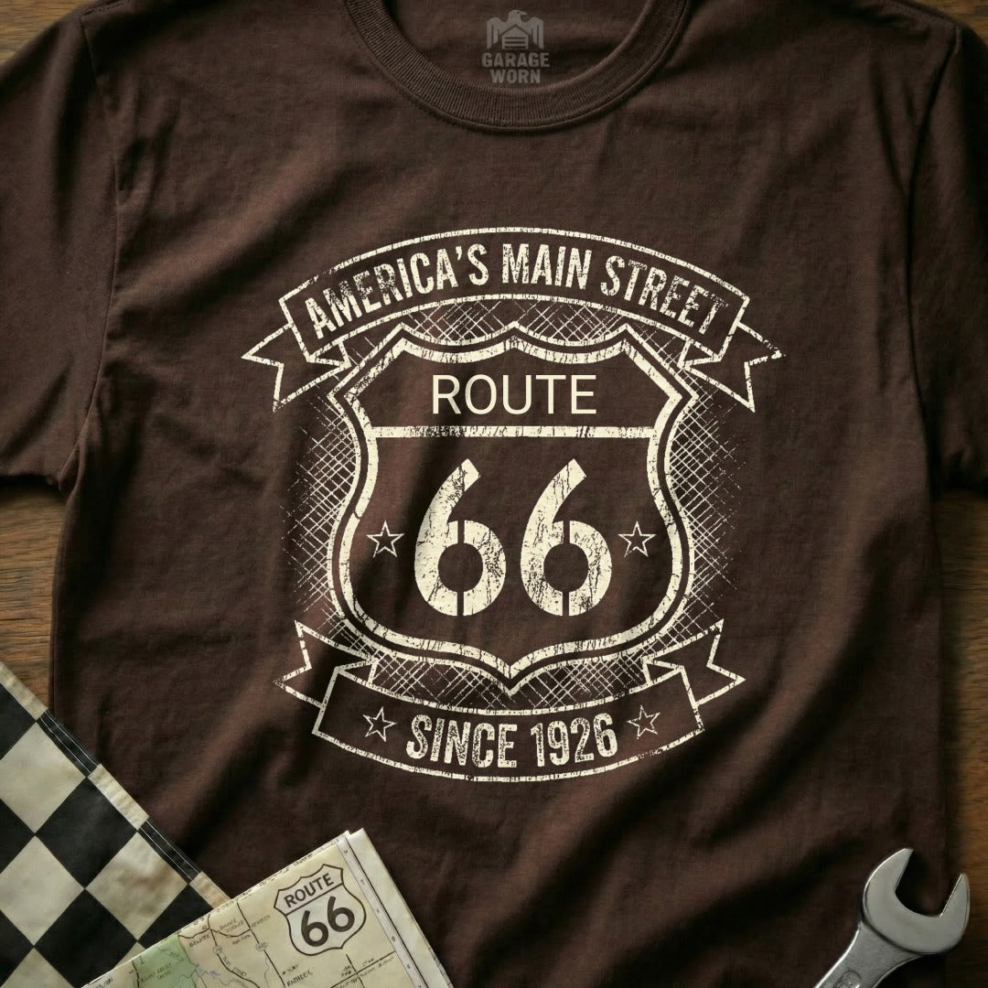 Brown t-shirt with "Route 66 Since 1926" shield graphic.
