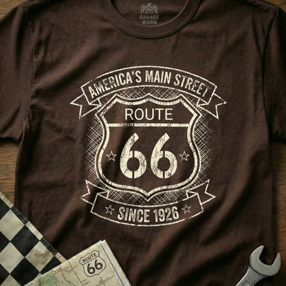 Brown t-shirt with "Route 66 Since 1926" shield graphic.