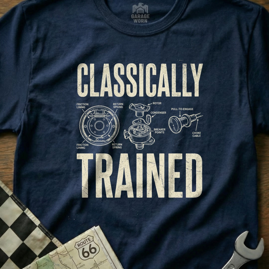 T-shirt with "CLASSICALLY TRAINED" and diagram of a car's ignition system.