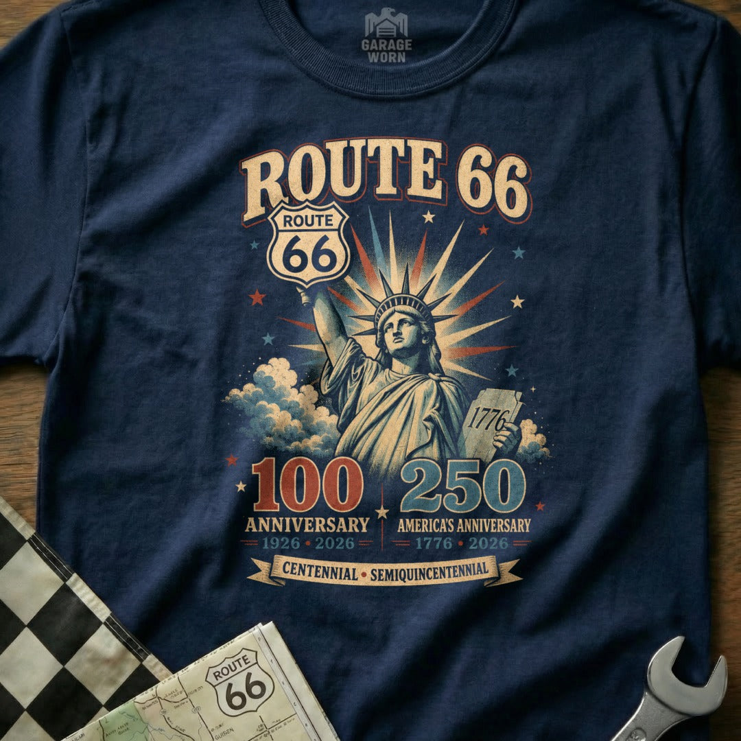 Route 66 100th Anniversary and America's 250th Anniversary graphic on a t-shirt.