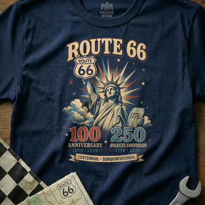 Route 66 100th Anniversary and America's 250th Anniversary graphic on a t-shirt.