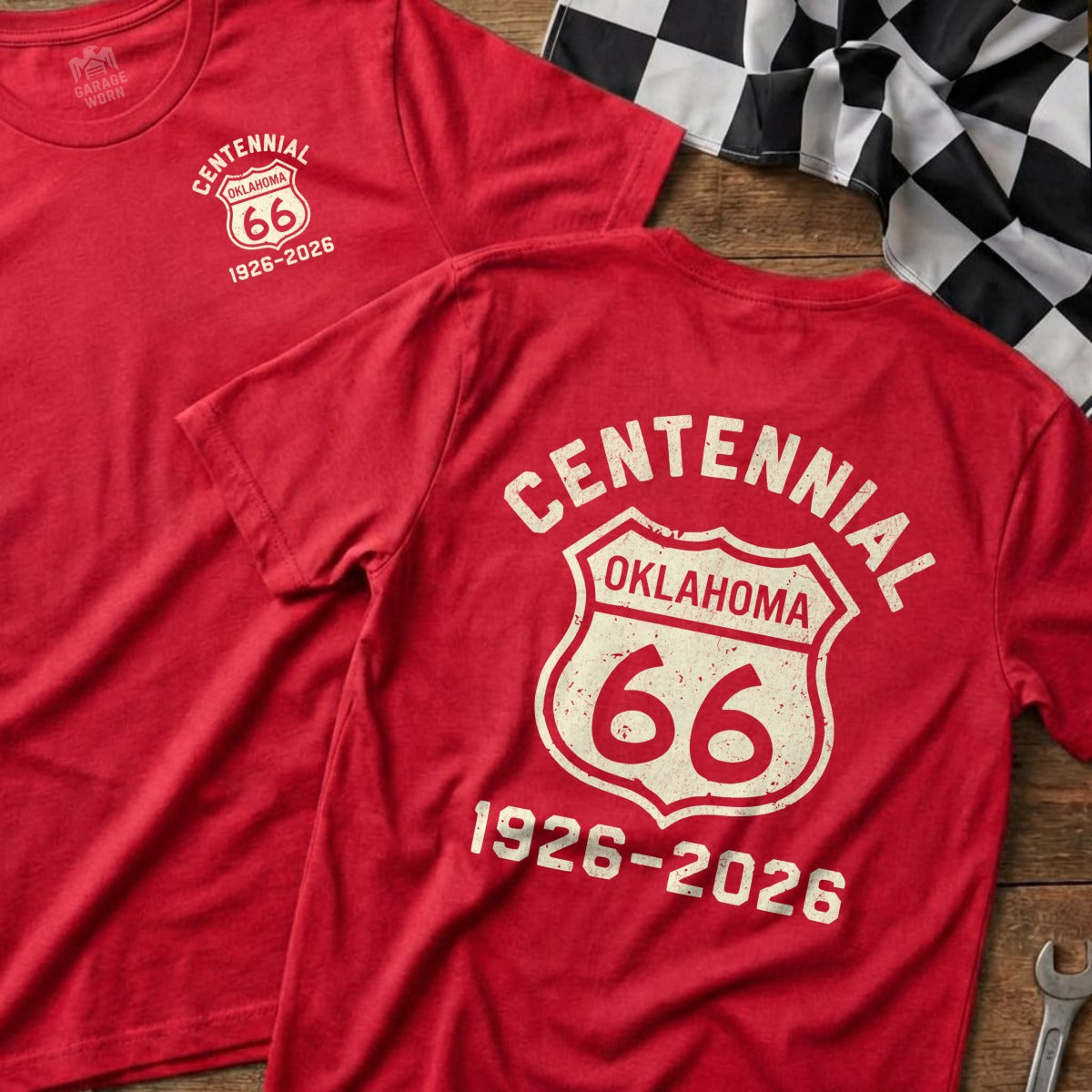 Red t-shirt with "Centennial Oklahoma 66 1926-2026" graphic.