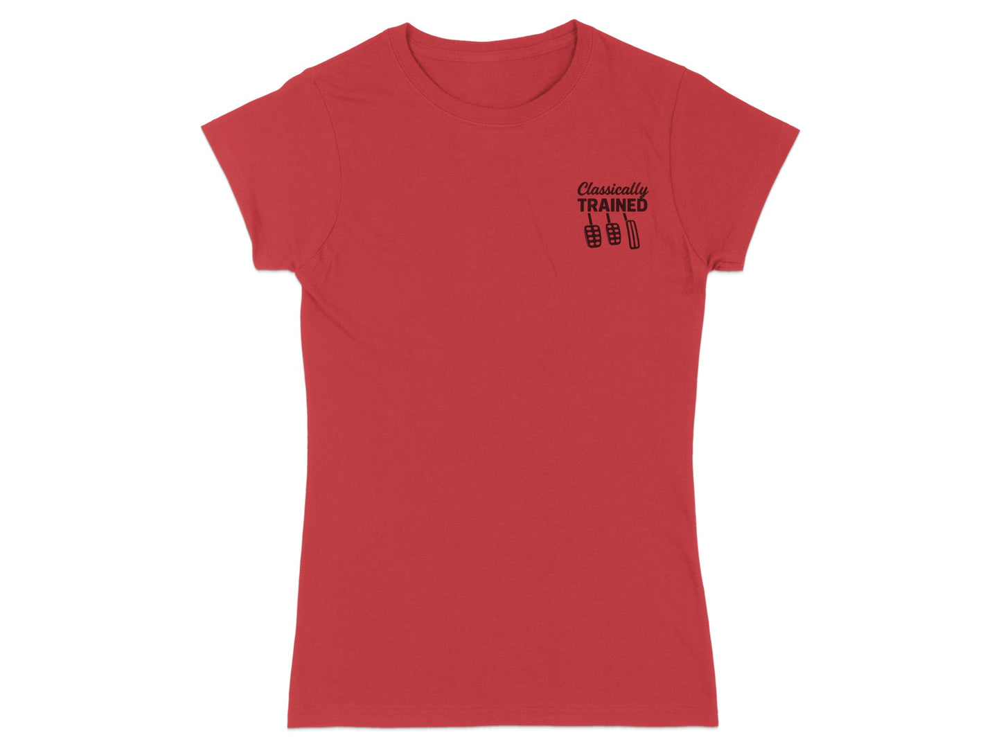 Red t-shirt with "Classically Trained" text and pedal graphic on left chest.