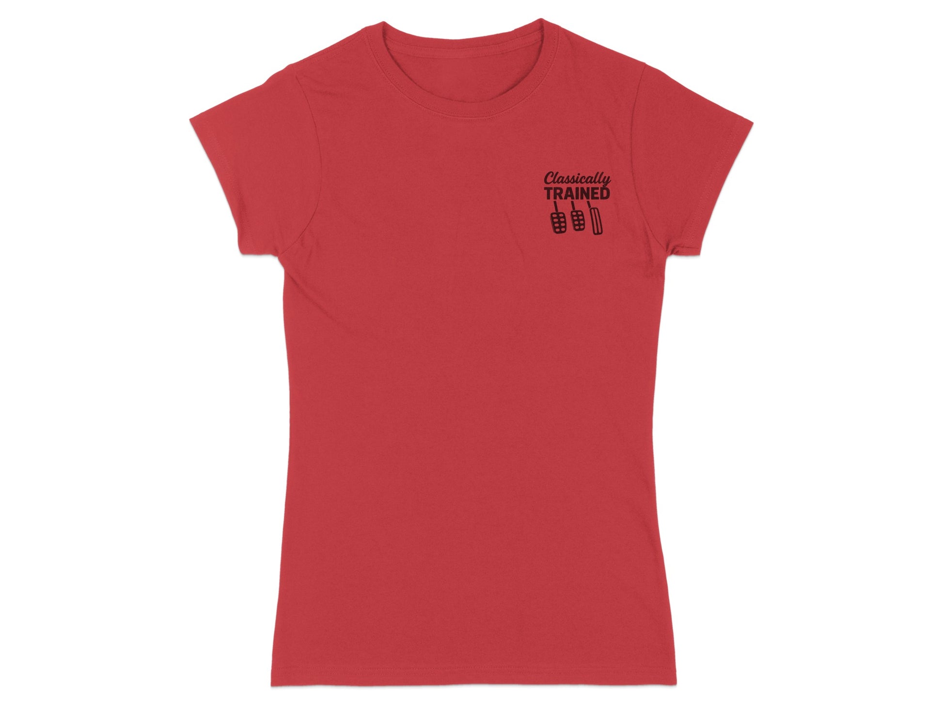 Red t-shirt with "Classically Trained" text and pedal graphic on left chest.