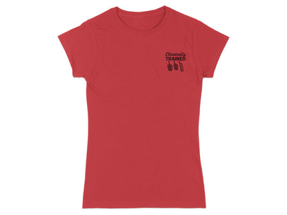Red t-shirt with "Classically Trained" text and pedal graphic on left chest.
