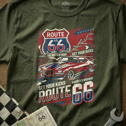 T-shirt with Route 66 graphic featuring a vintage car and map details.