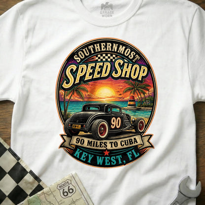 T-shirt graphic: "Southernmost Speed Shop 90 Miles to Cuba Key West, FL" hot rod on beach.