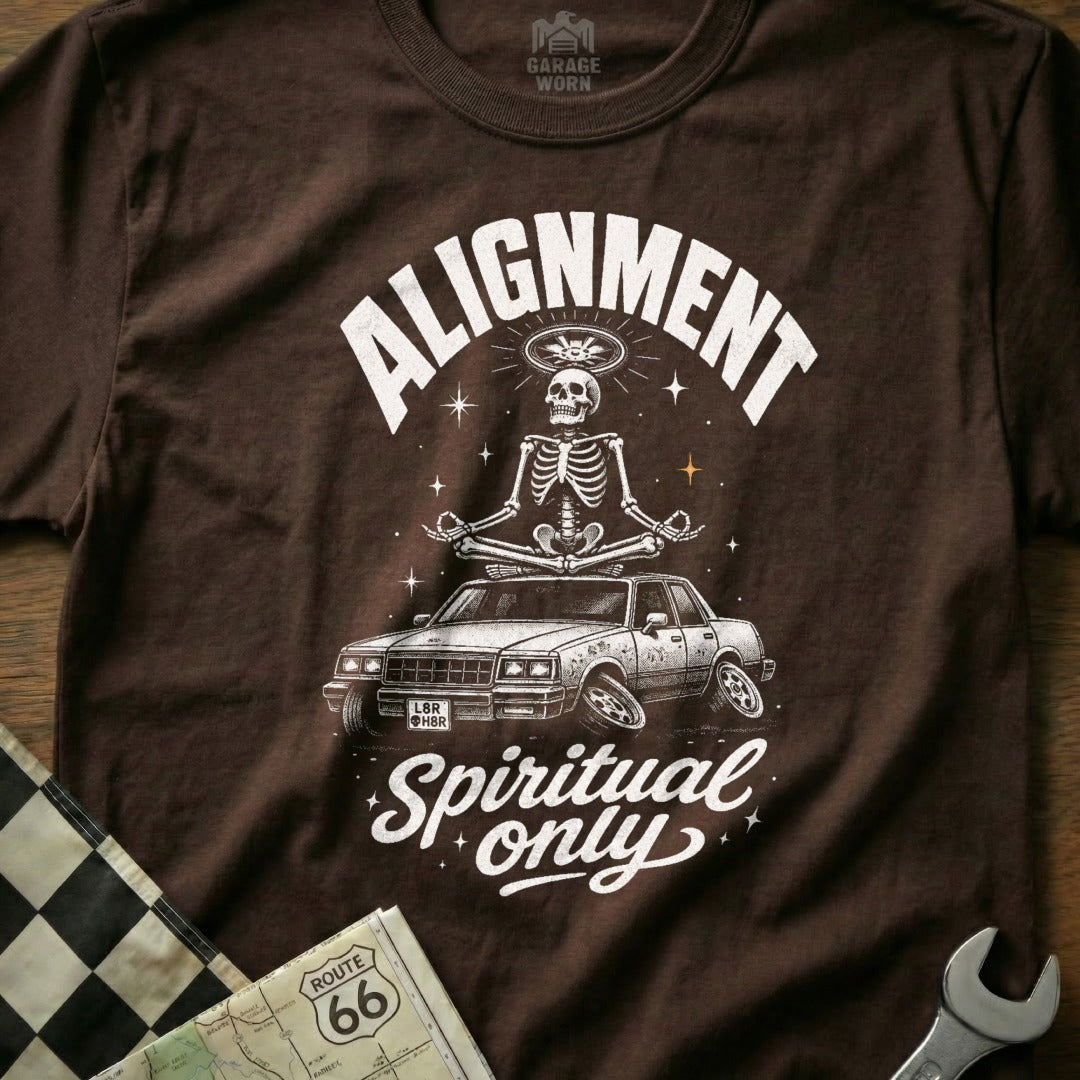 Brown t-shirt with skeleton meditating on a car, "Alignment Spiritual Only" text.