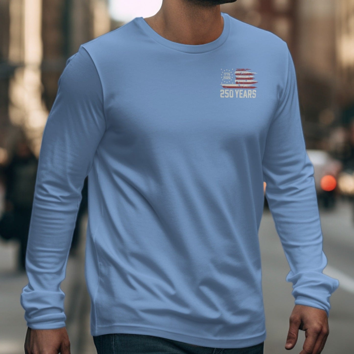 Light blue long-sleeve shirt with American flag graphic and text "250 YEARS".