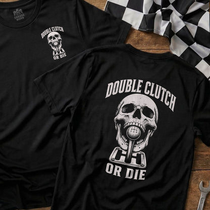 Black t-shirt with skull graphic and "Double Clutch Or Die" text.