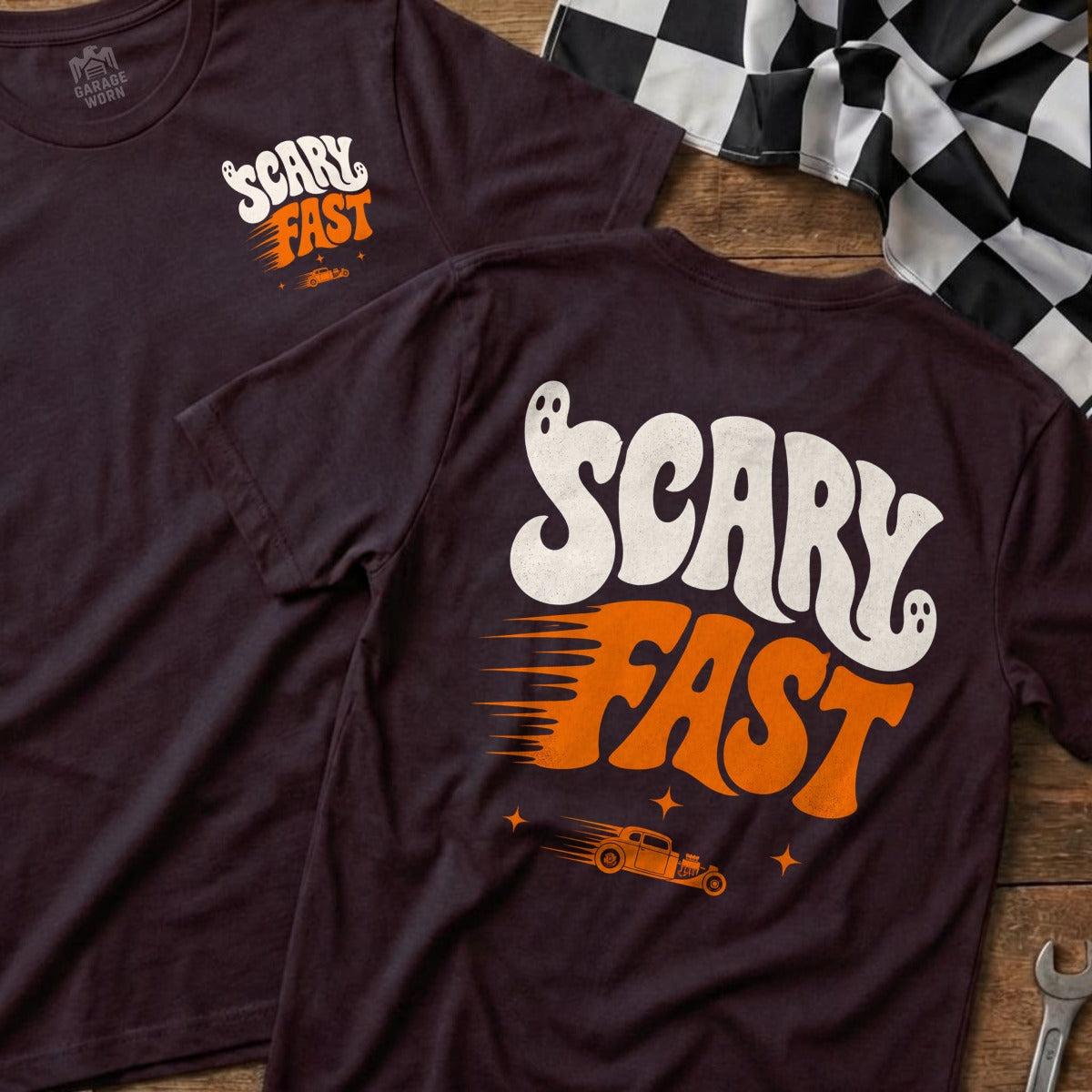 Dark t-shirts with white and orange "Scary Fast" graphic and a hot rod.