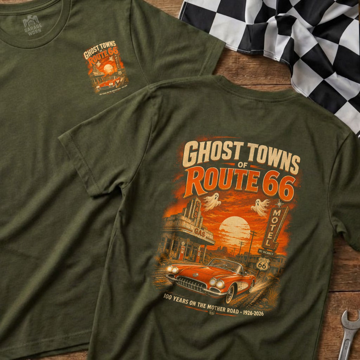 T-shirt featuring "Ghost Towns of Route 66" graphic with retro car and motel.