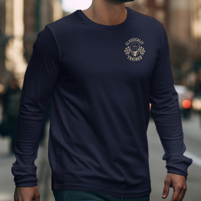 Dark blue long sleeve shirt with a "Classically Trained" logo on the chest.