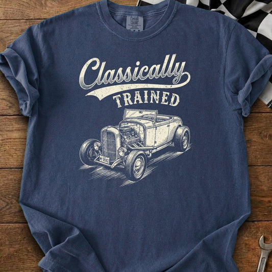 Navy t-shirt with "Classically TRAINED" text and a vintage convertible hot rod illustration.