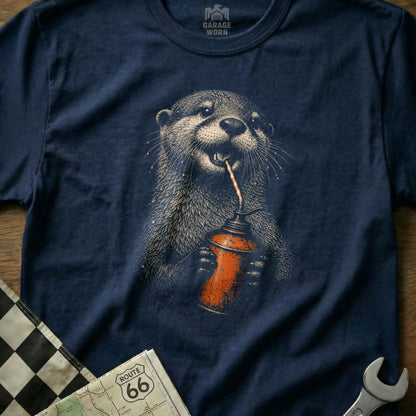 Navy t-shirt with screen print of an otter drinking from an oil can.