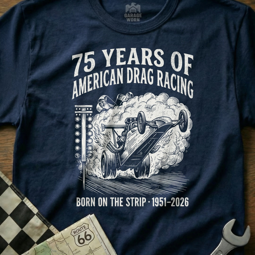 Dark blue t-shirt with vintage drag racer graphic and text.