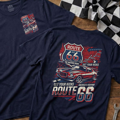 Navy t-shirts with Route 66 map design and "Get Your Kicks" text.