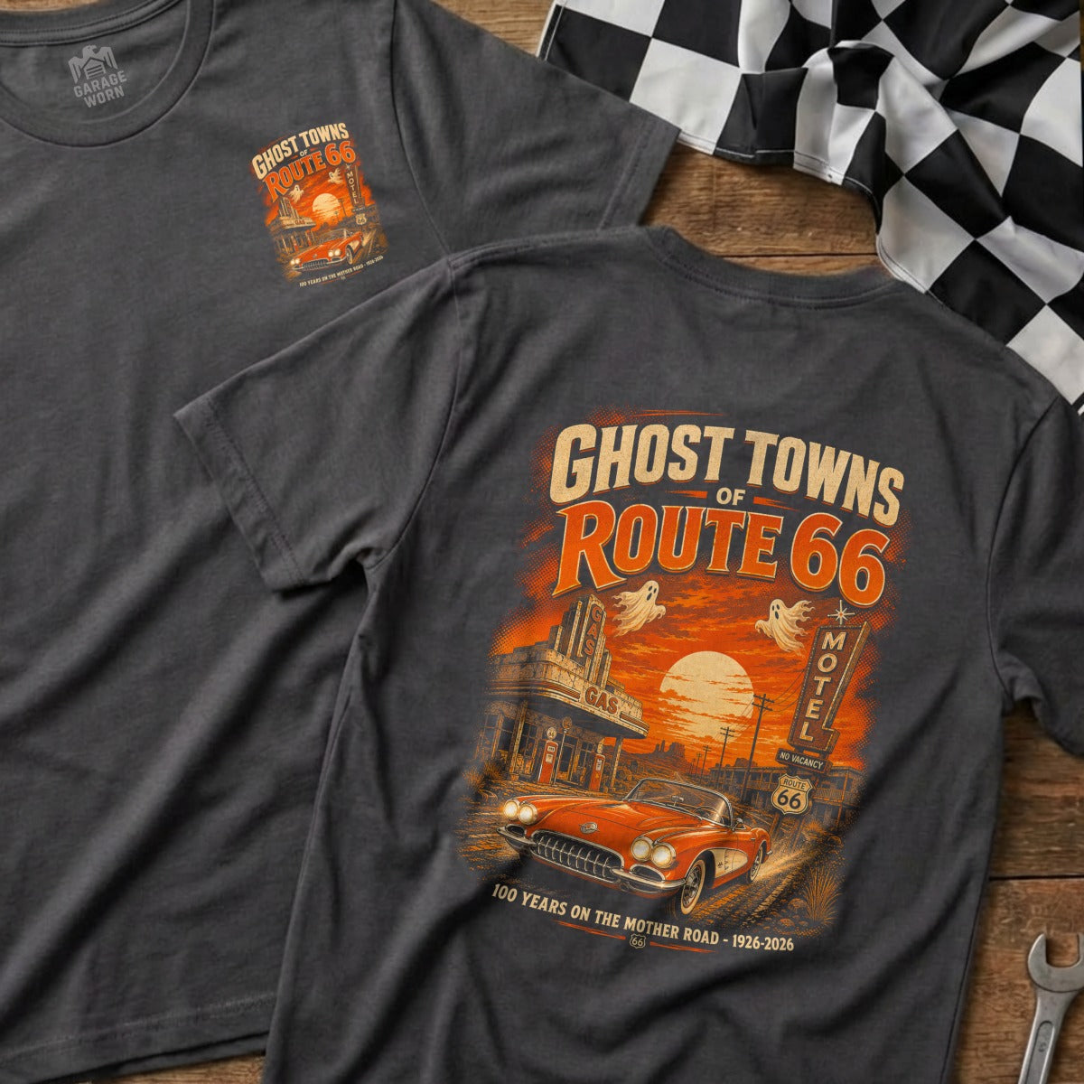 Dark grey t-shirt with Route 66 ghost towns graphic and vintage car.