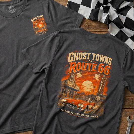 Dark grey t-shirt with Route 66 ghost towns graphic and vintage car.