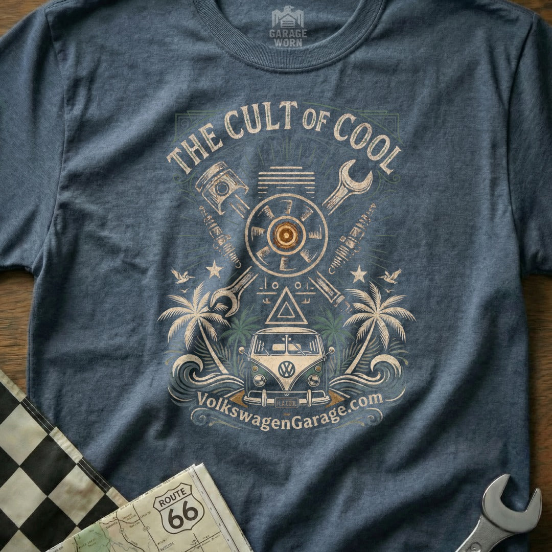 T-shirt with "The Cult of Cool" and a vintage VW van illustration.