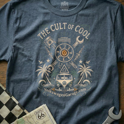 T-shirt with "The Cult of Cool" and a vintage VW van illustration.