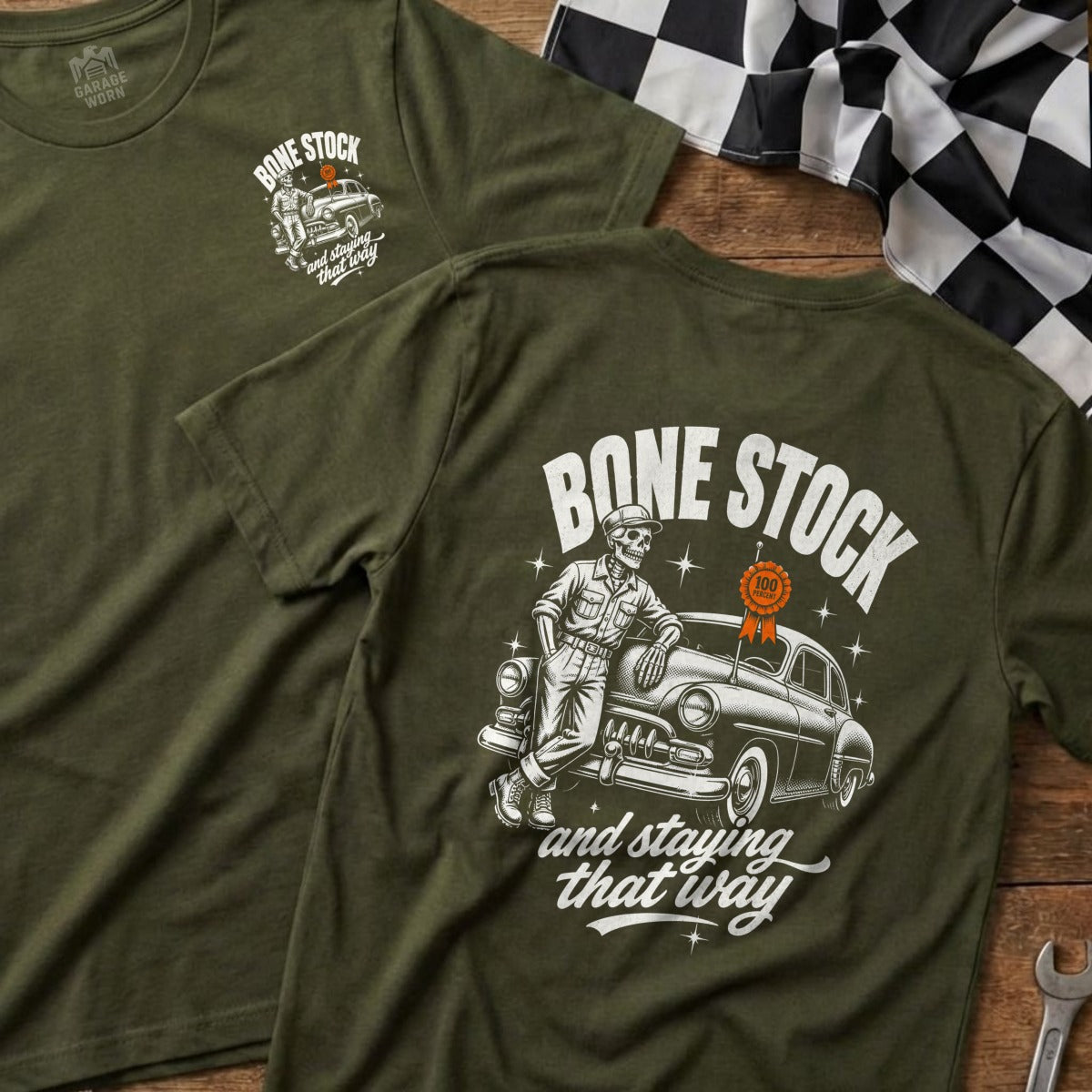Olive green t-shirt with "Bone Stock" graphic of a skeleton with a classic car.
