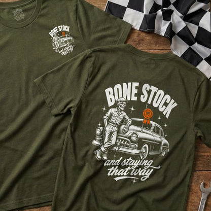 Olive green t-shirt with "Bone Stock" graphic of a skeleton with a classic car.